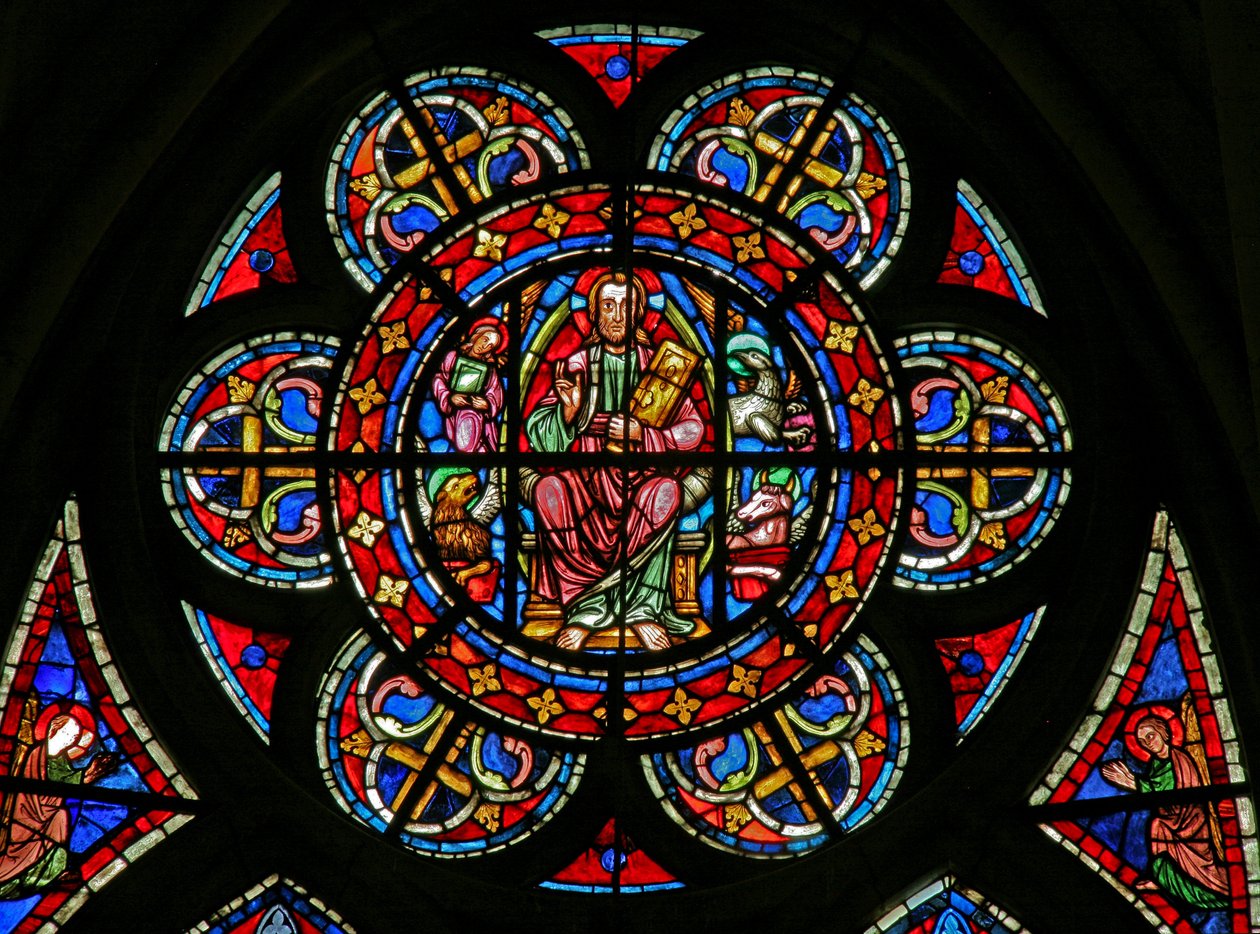 Fenster w200, eine Rosette darstellend: Christus umgeben von Evangelistensymbolen von French School