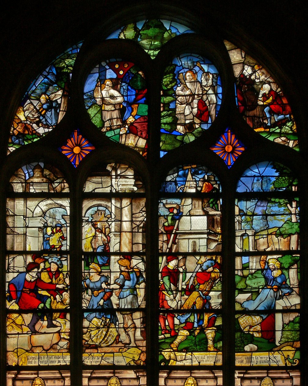 Fenster w21 mit Darstellung von Szenen aus dem Leben der St. Barbara von French School