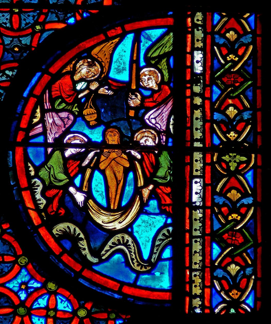 Fenster w23 zeigt das Gleichnis von Dives und Lazarus: die Seele des Lazarus im Himmel von French School