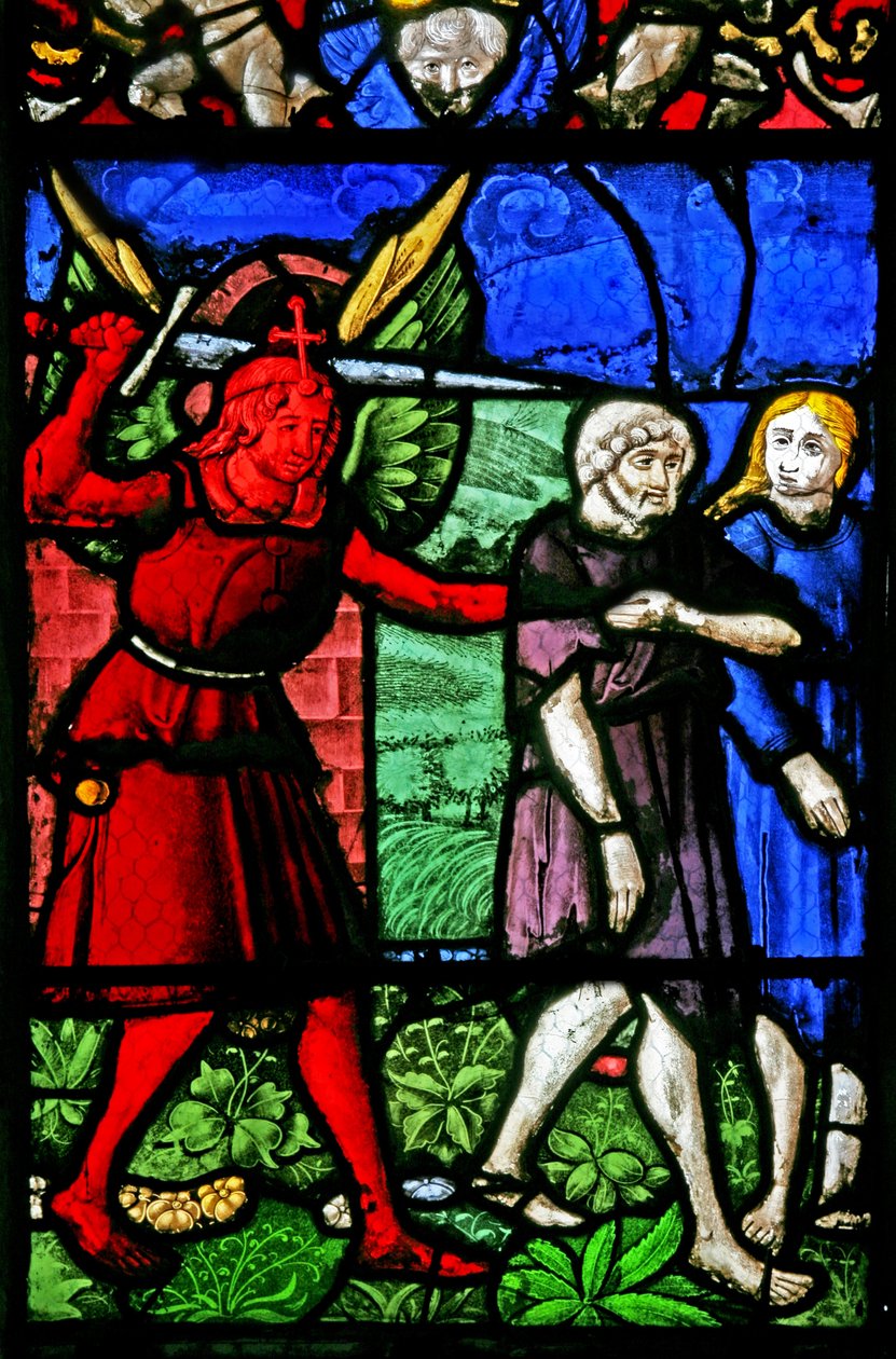 Fenster w2 mit Adam und Eva, die aus Eden vertrieben werden von French School