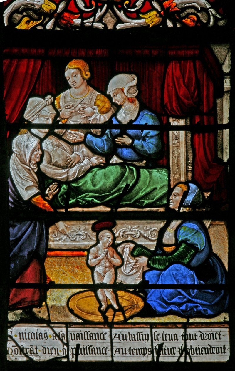 Fenster w3 mit der Geburt von St. Nikolaus von French School