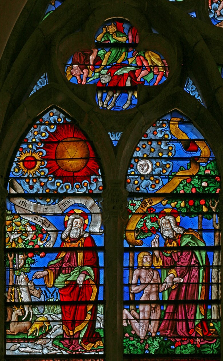 Fenster w40, die Schöpfung und die Erschaffung Adams darstellend von French School