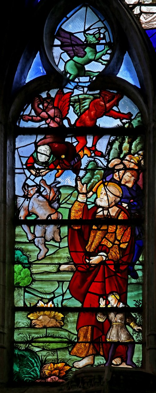 Fenster w4, St. Petrus mit Simon Magus, der nach einem Flugversuch fällt