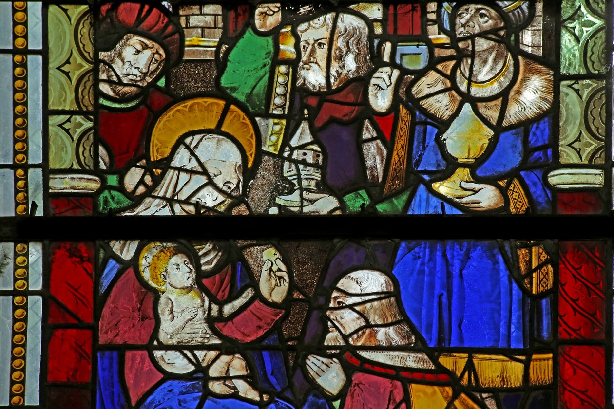 Fenster w4, das die Anbetung der Heiligen Drei Könige darstellt von French School