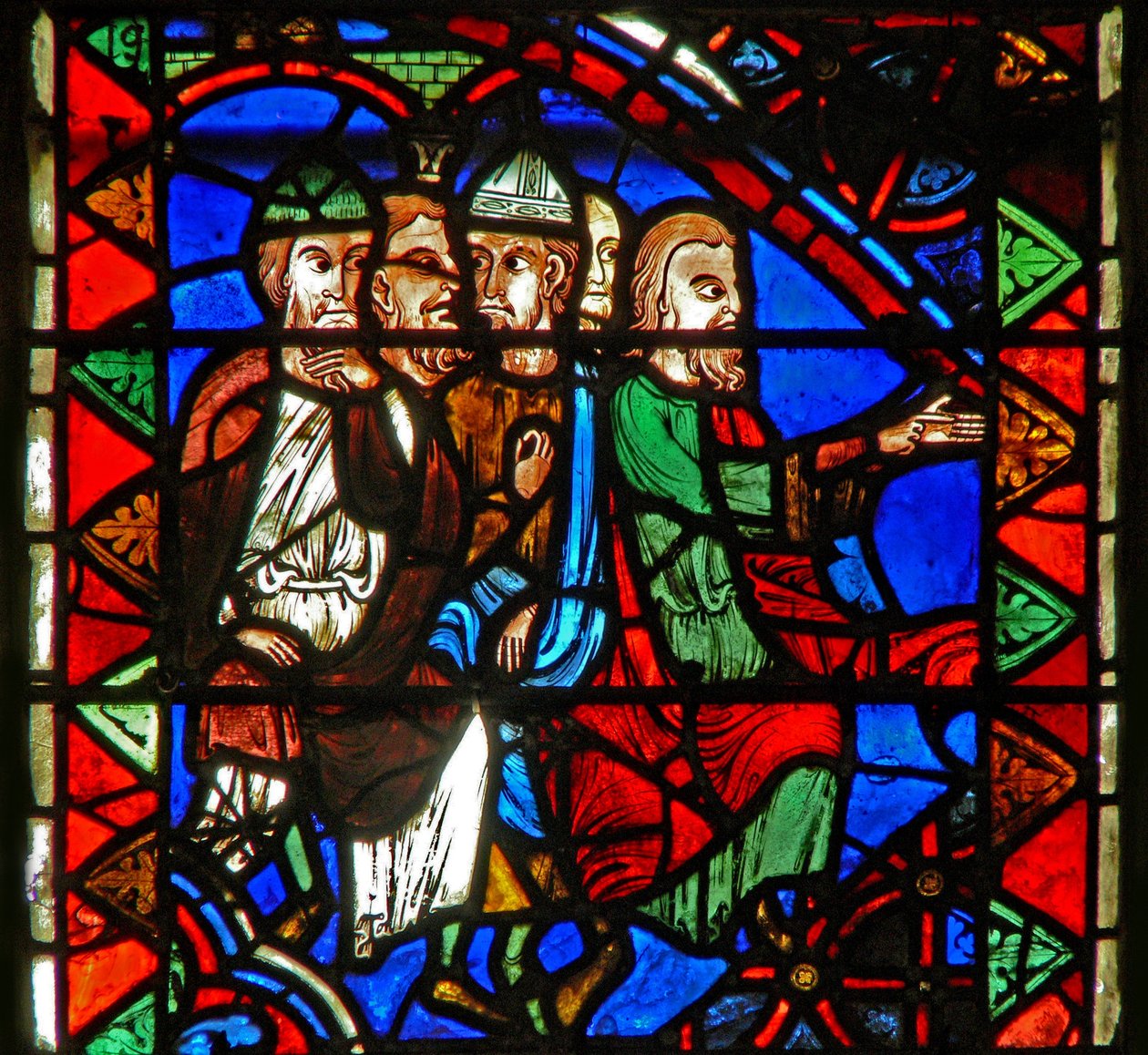 Fenster w51, Darstellung einer Szene aus dem Leben der St. Katharina: die Philosophen versammeln sich, um sie zu verurteilen von French School
