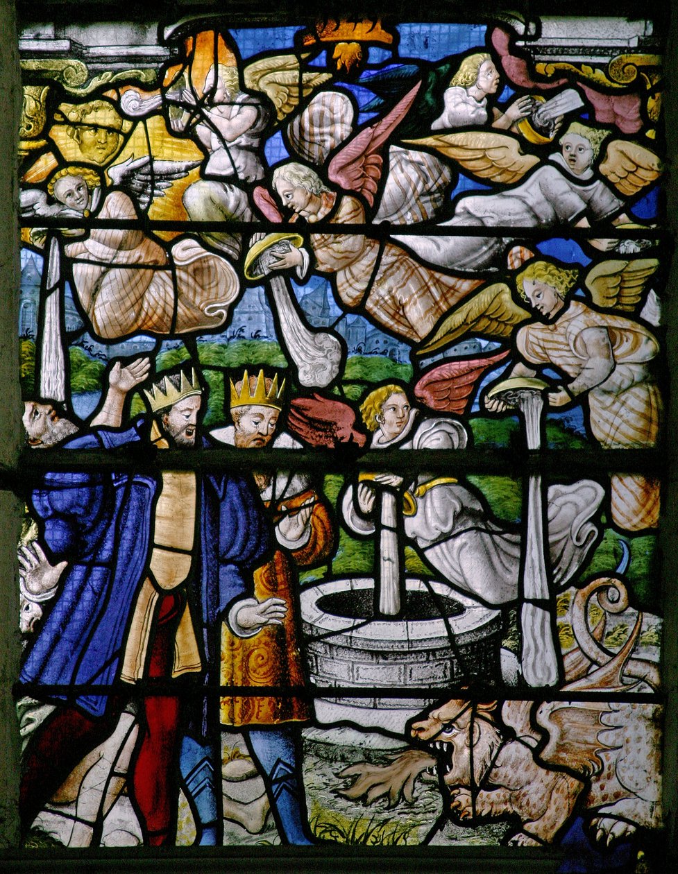 Fenster w5, Szenen aus dem Buch der Offenbarung des Johannes: Menschen werden verbrannt; Wasser wird zu Blut; Schalen werden geleert; Hagel fällt von French School