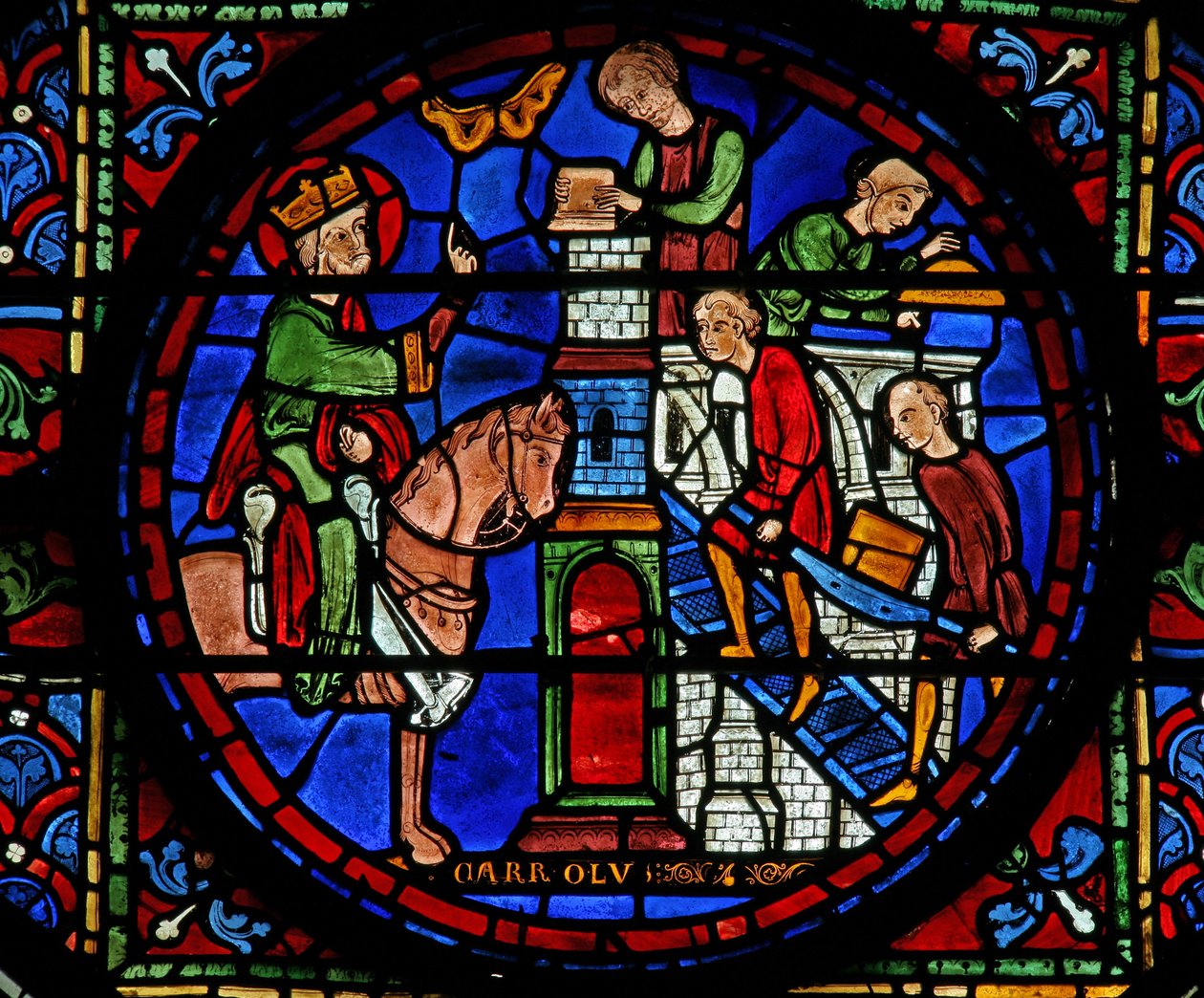 Fenster w7 mit dem Karl dem Großen Fenster: überwacht den Bau einer Kirche von French School