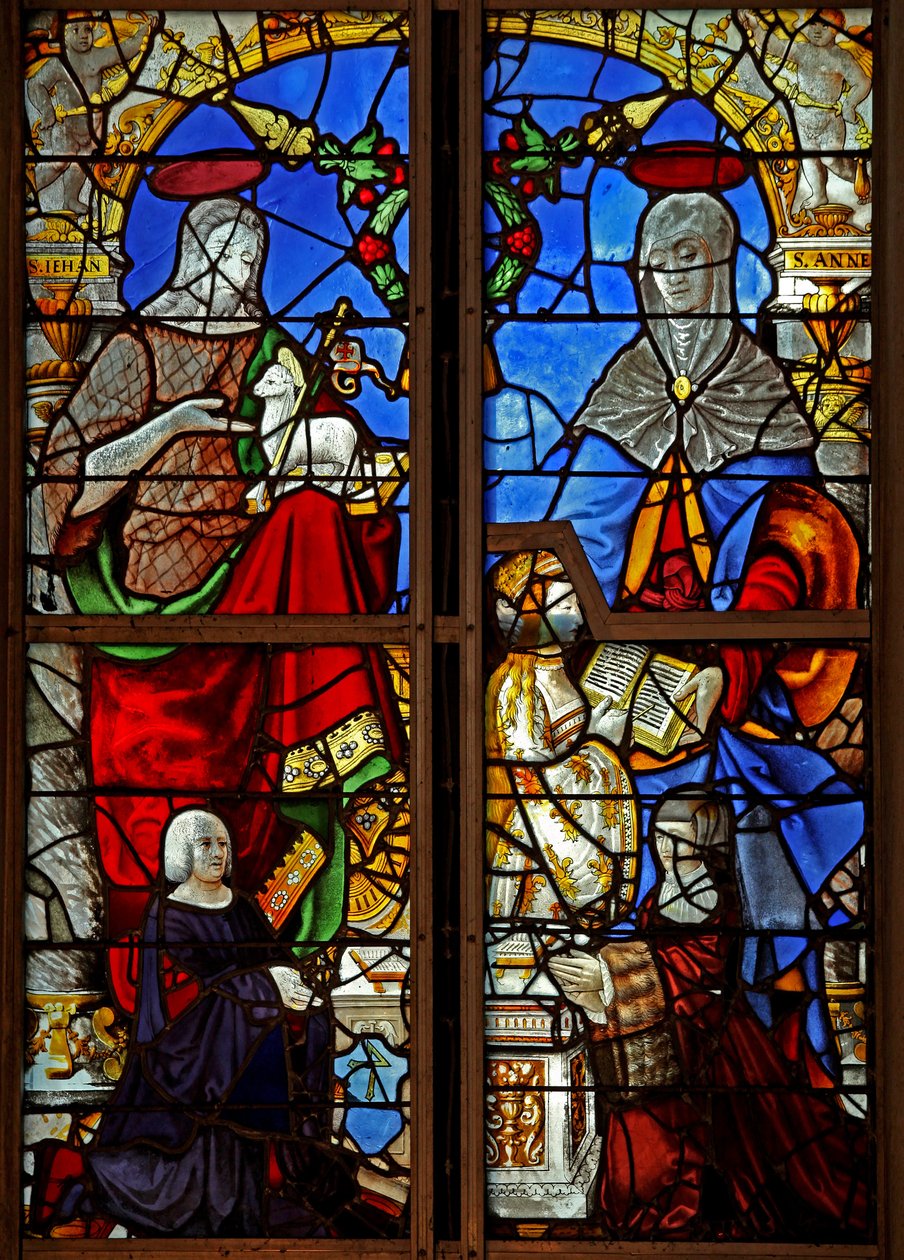 Fenster w8 mit Darstellung von Stiftern mit Johannes dem Täufer; auch die Heilige Anna, die der Jungfrau Maria das Lesen beibringt von French School