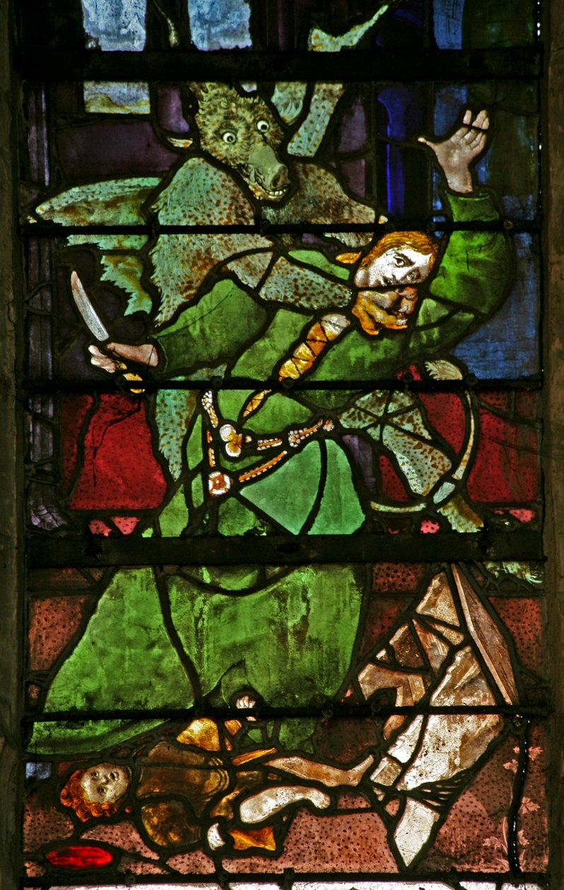 Fenster w9 mit einem Dämon, der angreift von French School