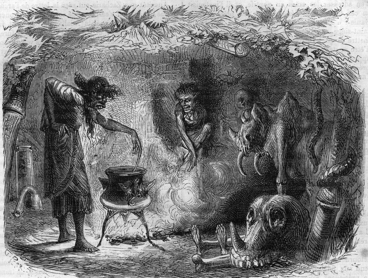 Hexerei: Hexe um einen Kessel, die magische Tränke und Zaubersprüche herstellt. Stich in „Histoire des Papes-Rois-Reines-et-Empereurs à travers les siècles“ von Maurice Lachatre von French School