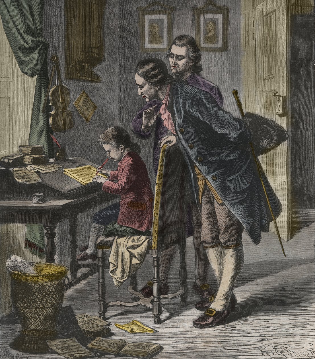 Wolfgang Amadeus Mozart schreibt ein Konzert in Anwesenheit seines Vaters Leopold, Illustration aus 
