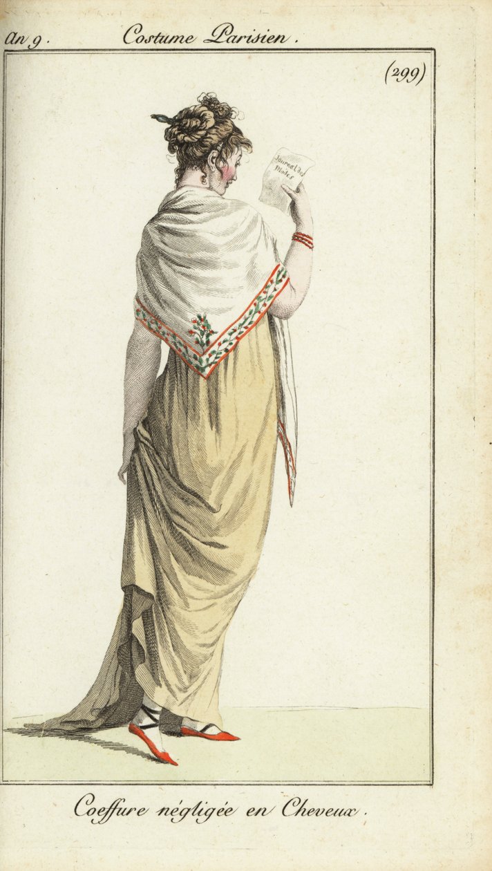 Frau mit lässiger Frisur, die eine Modezeitschrift liest von French School