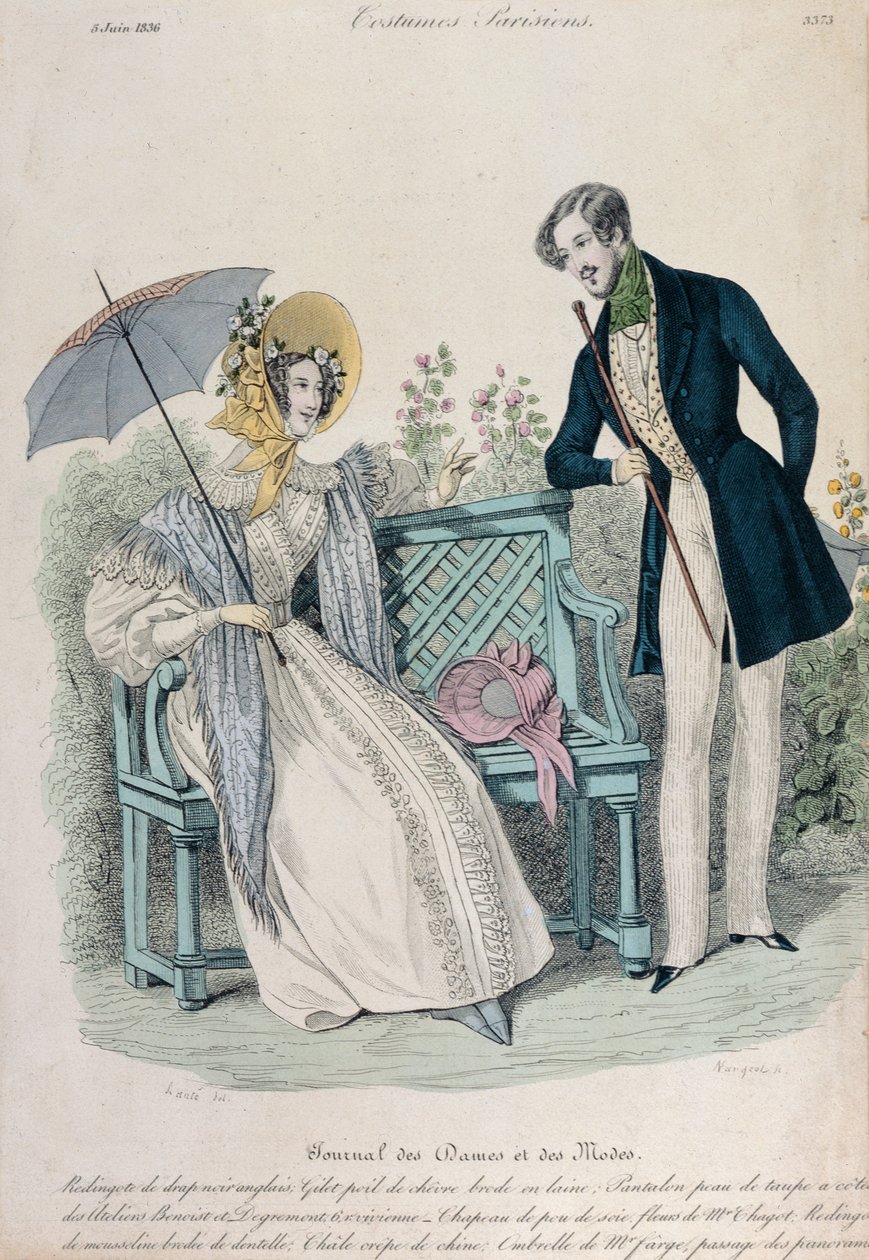 Frau mit Regenschirm und Mann im Gehrock in einem Garten, Modeplatte aus Journal des Dames et des Modes, 5. Juni 1836 von French School