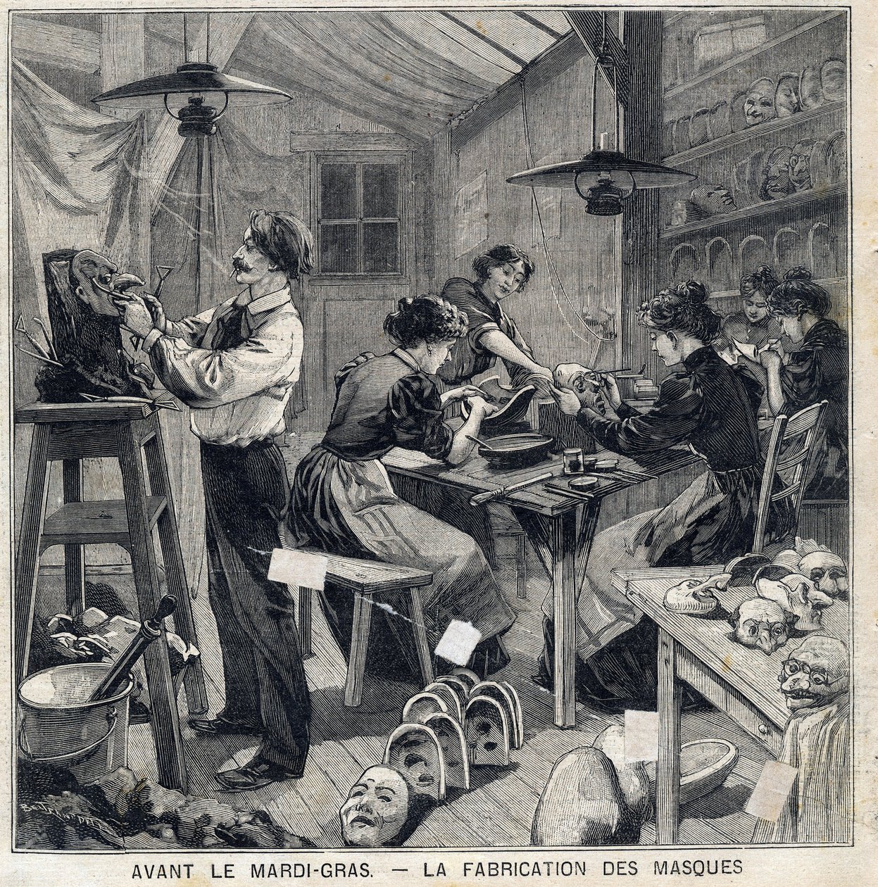 Werkstatt zur Herstellung von Masken für die Verkleidungen des Karnevals. In „Le Petit Parisien“ am 14.02.1897 von French School