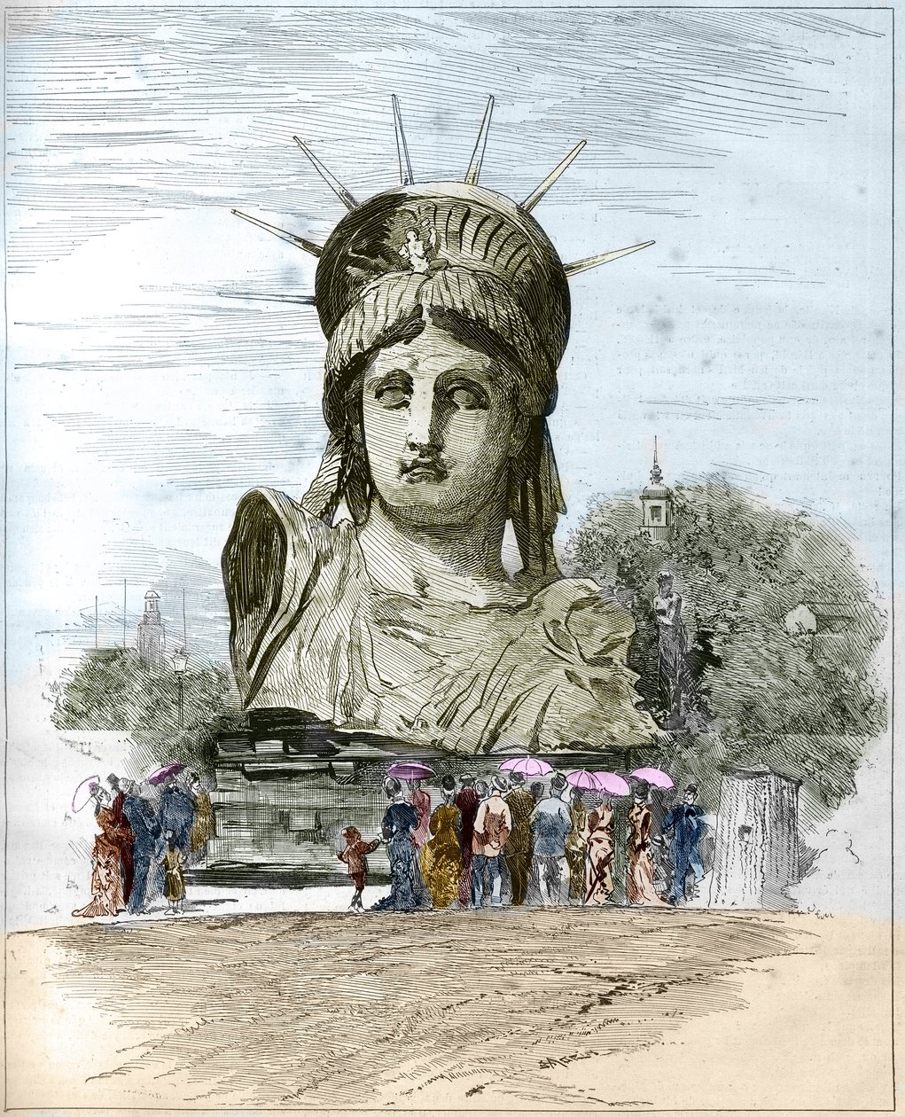 Weltausstellung 1878 in Paris: der Kopf der Freiheitsstatue von Frederic Auguste Bartholdi (1834-1904). Gravur von Edgard Morin in "The Illustrous World" Nr. 1111 vom 13. Juli 1878 von French School