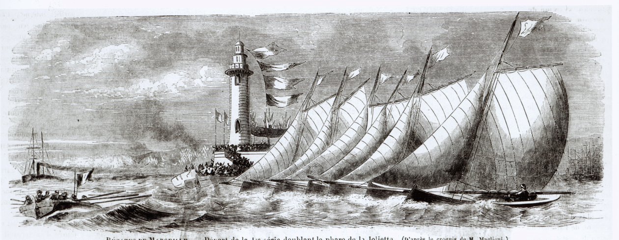 Yachten umfahren den Joliette-Leuchtturm während der Regatta von 1864 in Marseille, aus Le Monde Illustré, 17. September 1864 von French School
