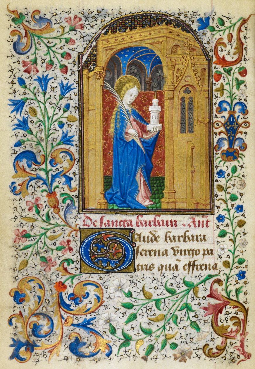 Miniatur der Heiligen Barbara unter einem goldenen Bogen, eine Palme und ihren Turm tragend, mit einem vollständigen Blattwerkrahmen, zu Beginn ihres Gebets, aus den 