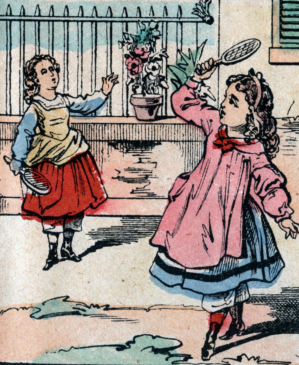 Junge Mädchen spielen Federball, frühes Spiel ähnlich wie Badminton - Epinal Bild - 19. Jahrhundert (Gravur) von French School