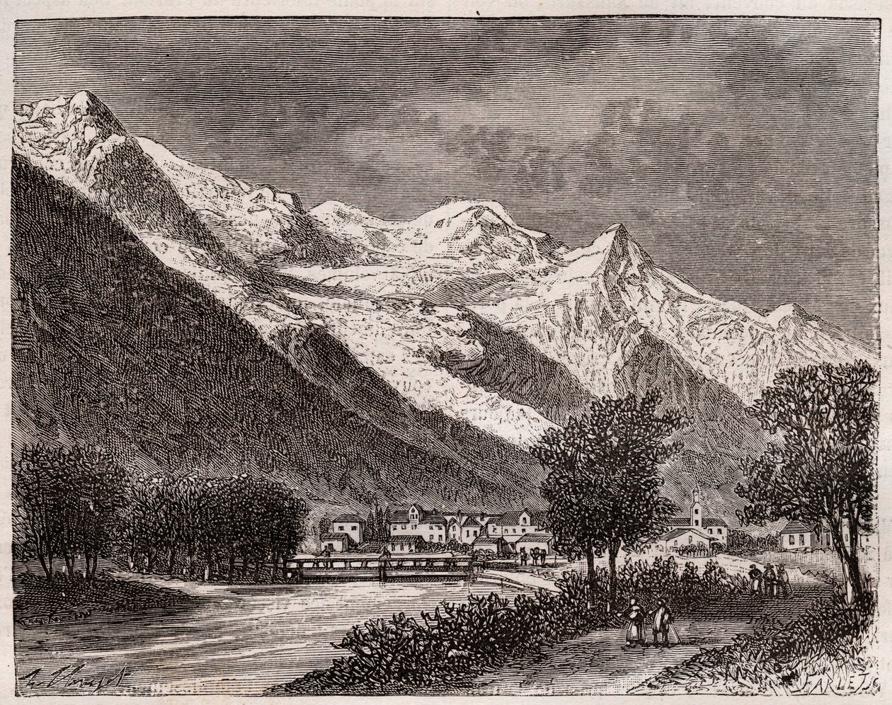Das Tal von Chamonix und der Mont Blanc - Gravur in „La France illustree: geographie, histoire, administration statistique“ von V.A. Malt-Brown. 1884 von French School