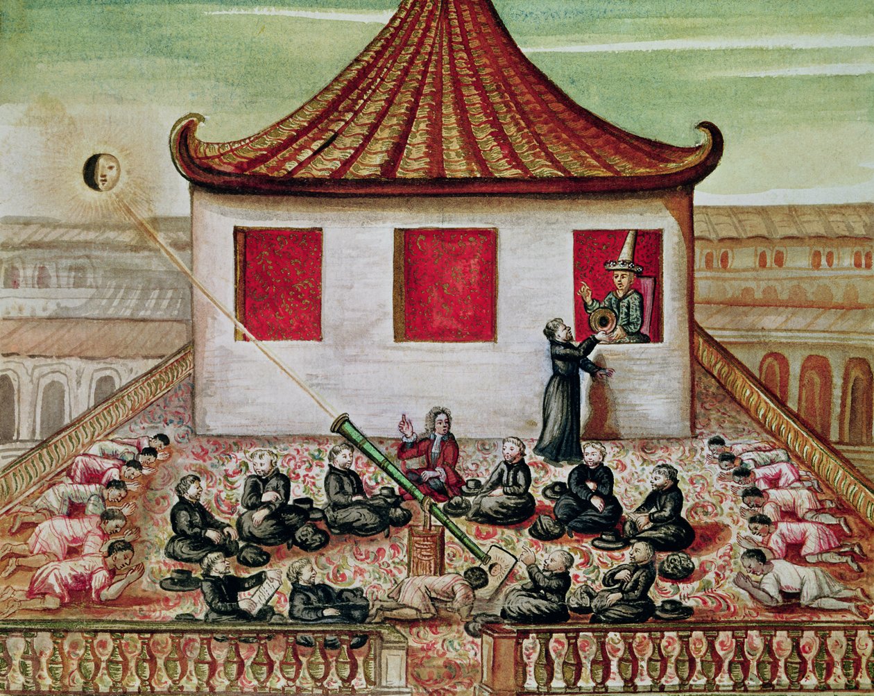 Die Sonnenfinsternis in Siam im Jahr 1688, beobachtet von den Jesuitenmissionaren, in Anwesenheit des Königs von Siam am Fenster seines Palastes, 1688 von French School