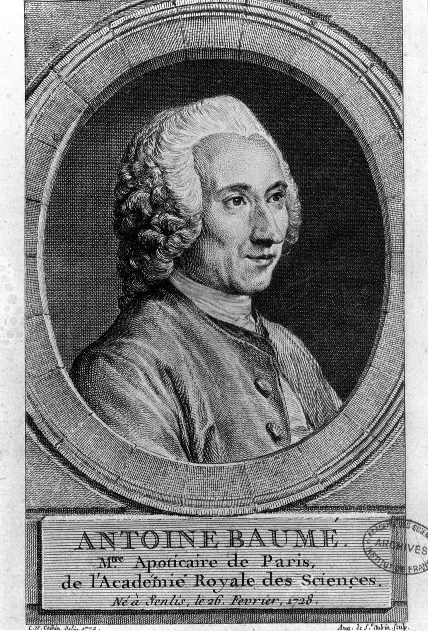 Porträt von Antoine Baumé (1728-1804), französischer Chemiker und Apotheker. Apoticaire de Paris. Gravur von 1772. von French School