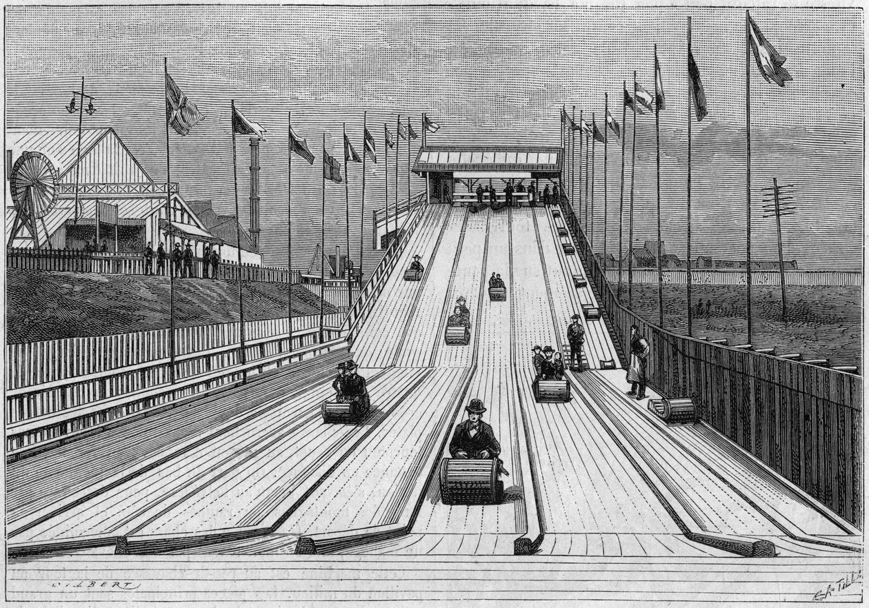 Achterbahn oder Toboggan, betrieben auf der Liverpool Ausstellung (Großbritannien), nach einem Foto. Gravur in „La Nature. Revue des sciences et de ses applications aux arts et à l