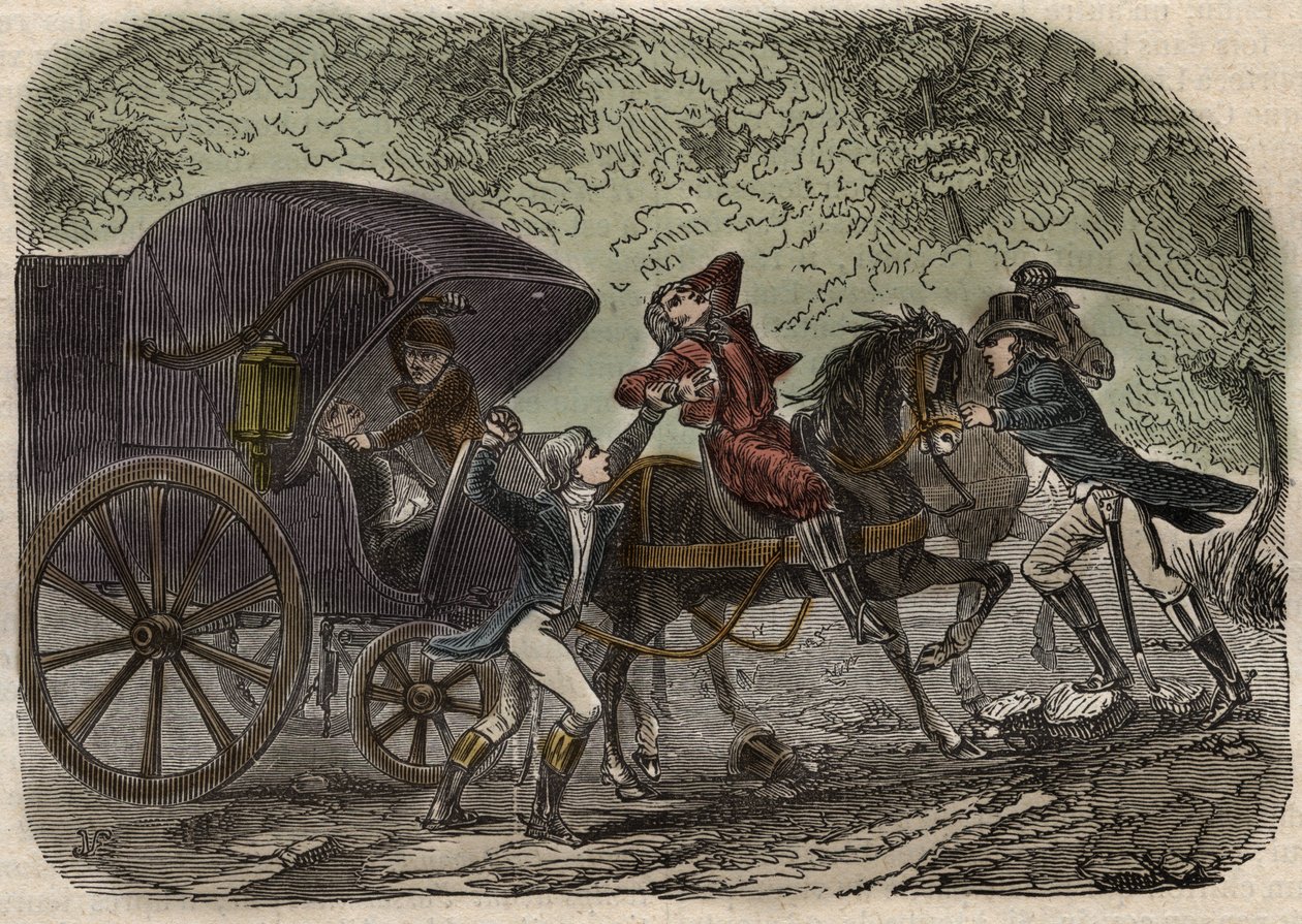 Die Lyoner Postkutschenaffäre - Affaire du courrier de Lyon - die Postkutsche wird am 28. April 1796 in Seine-et-Marne von 5 Personen überfallen - Gravur in „Causes celebres de tous les peuples“ von Armand Fouquier (1817-18?) 1858-1867 - private Sammlung von French School