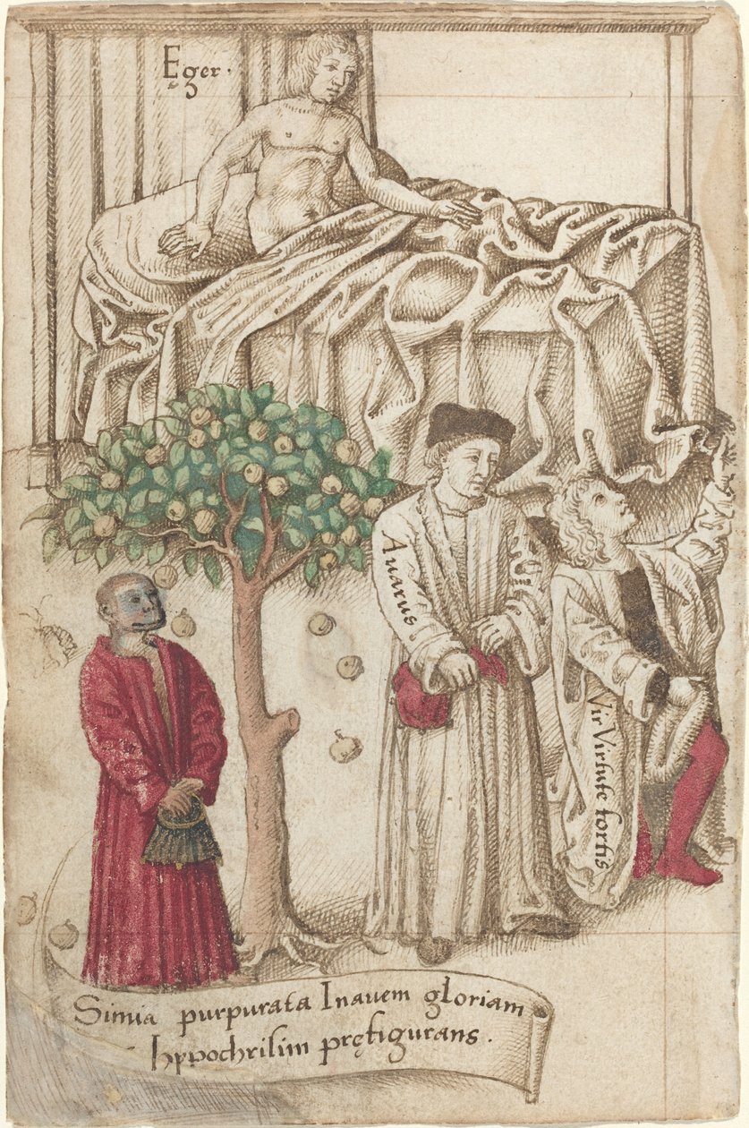 Ein Affe in Purpur mit einem kranken Mann, einem guten Mann und einem Geizhals von French early 16th Century