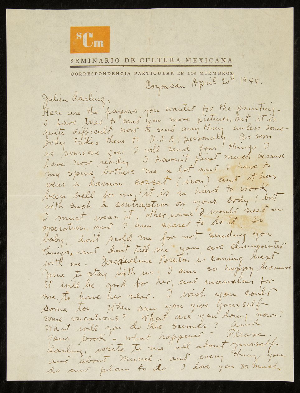 Brief von Frida Kahlo an Julien Levy, auf Englisch, 20. April 1944 von Frida Kahlo