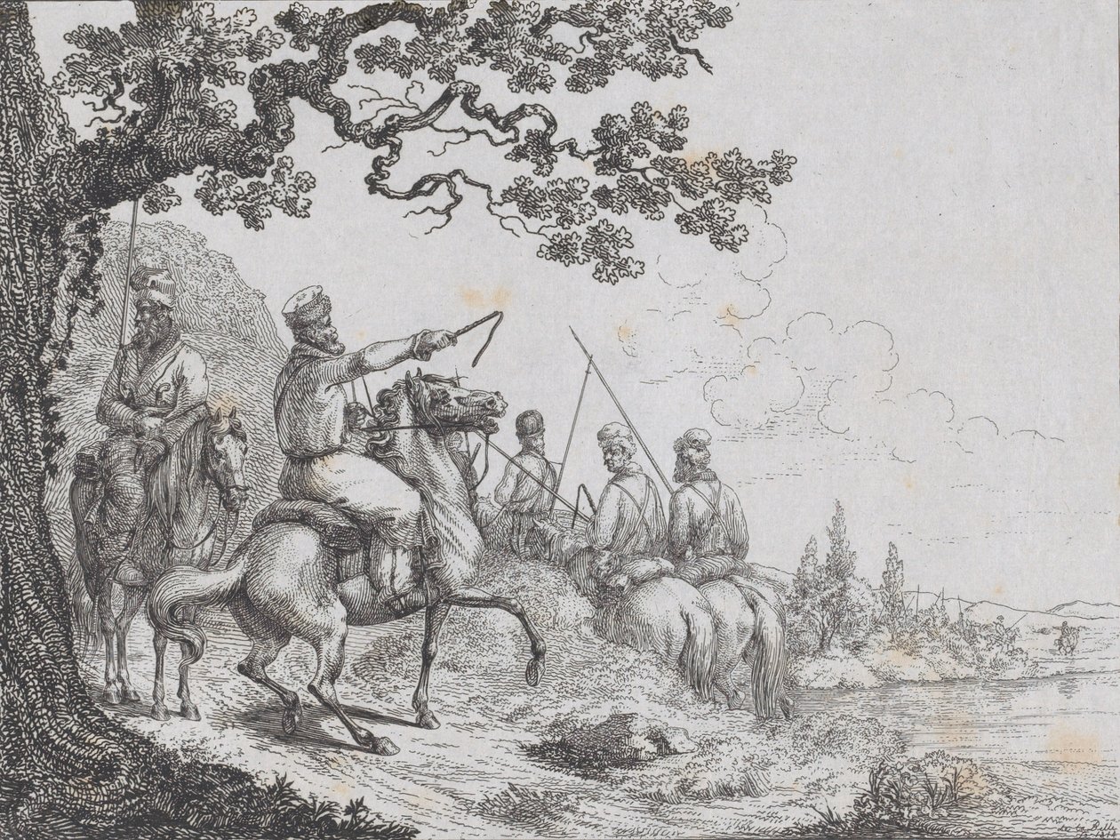 Kosaken reiten entlang eines Flussufers, 1814 von Friedrich August de La Belle