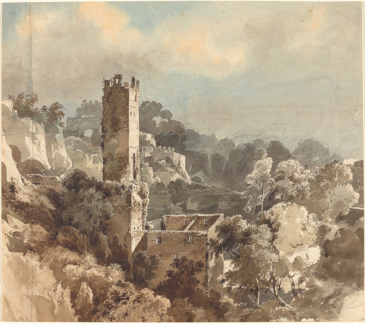 Ruinen eines befestigten Turms in bewaldeten Hügeln von Friedrich Salathé