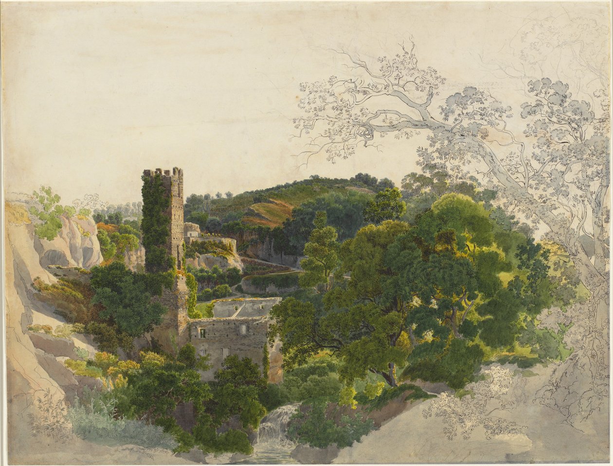 Ruinen eines befestigten Turms in bewaldeten Hügeln von Friedrich Salathé
