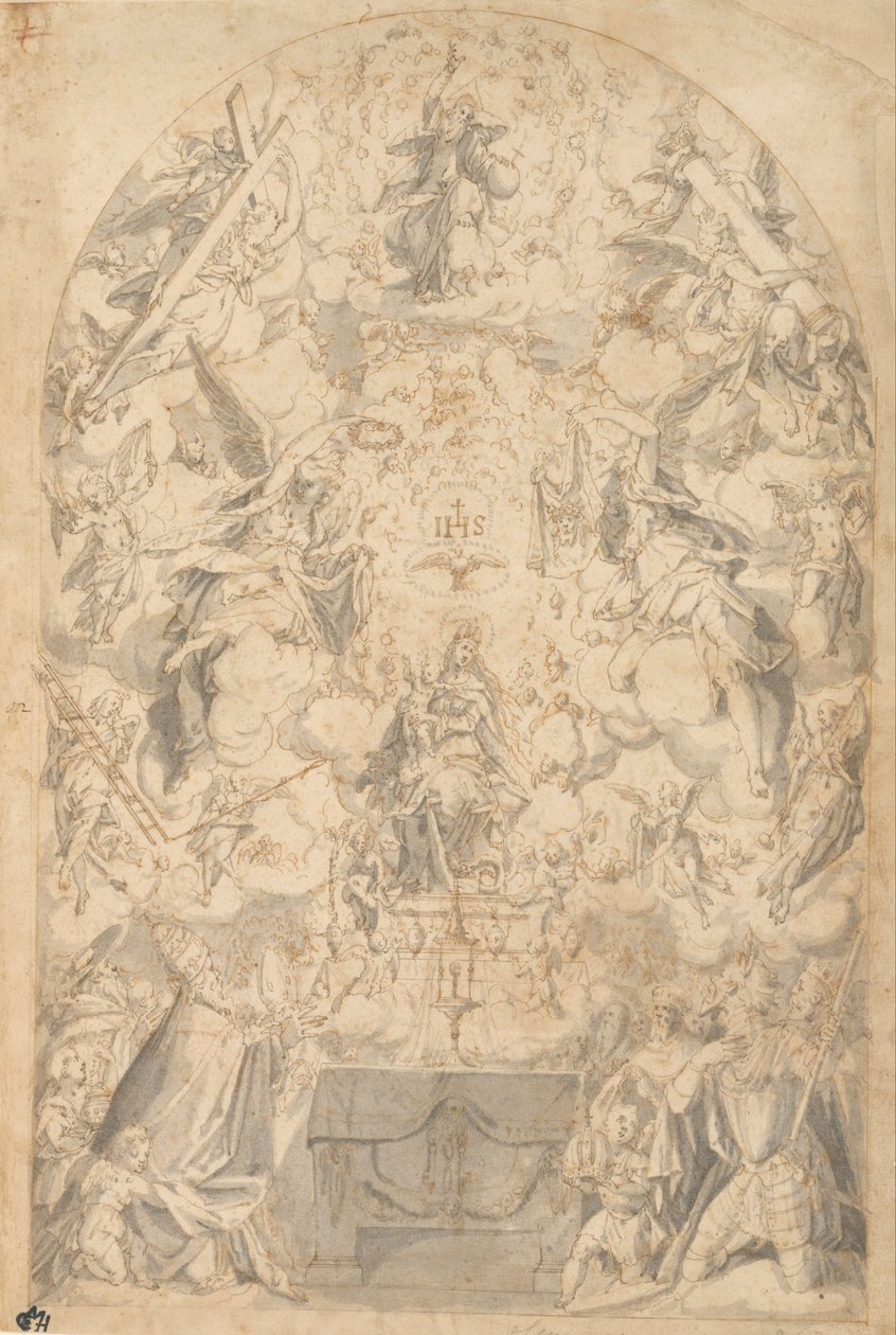 Madonna und Kind mit Engeln, die Symbole der Passion tragen von Friedrich Sustris