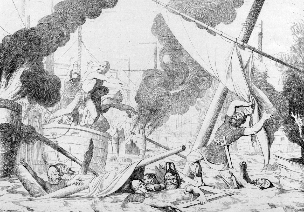 Griechisches Feuer während der Belagerung von Konstantinopel, vor 1839 von Fyodor Antonovich Bruni
