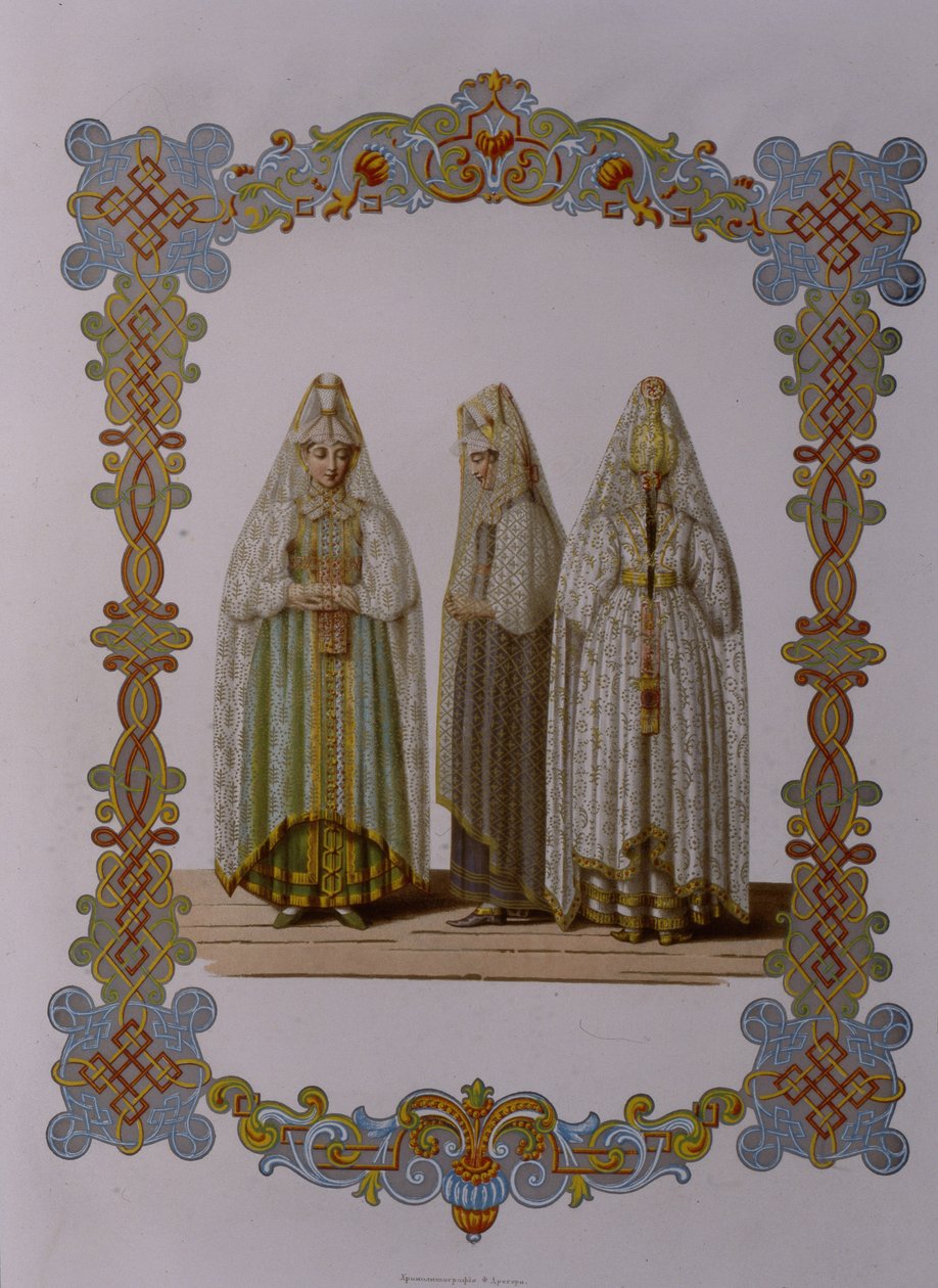 Kostüme von Mädchen aus Torzhok aus der Serie Kleidung des russischen Staates, 1851 von Fyodor Grigoryevich Solntsev