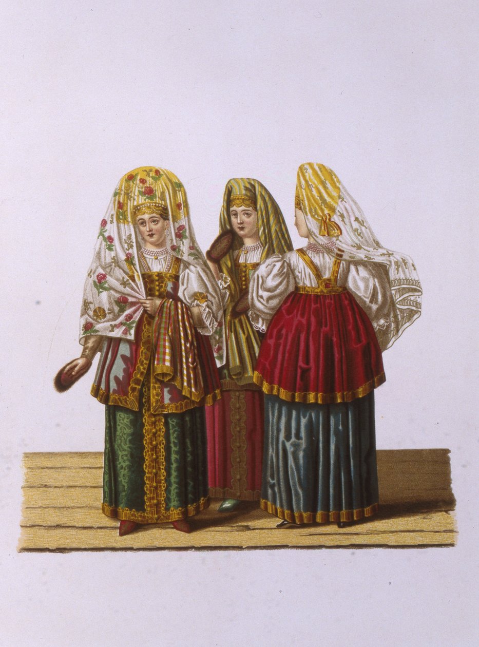 Kostüme von Frauen und Mädchen aus Twer aus der Serie Kleidung des russischen Staates, 1851 von Fyodor Grigoryevich Solntsev