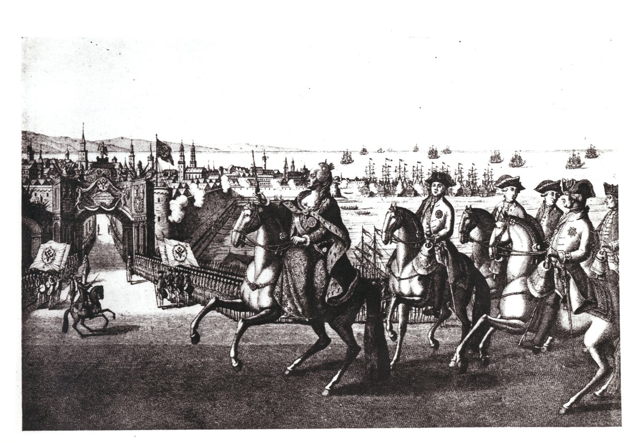 Katharina II. (1729-96) die Große, reitet in einen der Häfen auf der Krim, die von den Türken erobert wurden von G. Baltazar