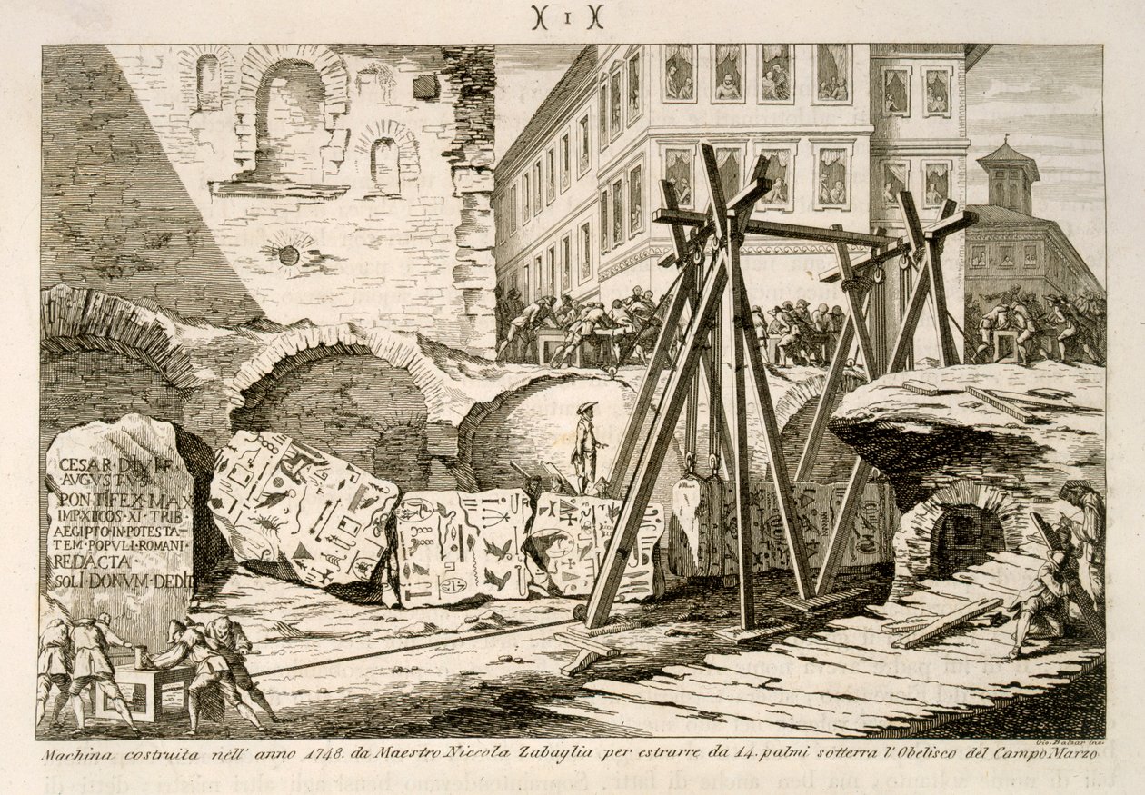 Das von Nicola Zabaglia 1748 erfundene Gerät zum Heben des Obelisken im Campus Martius, der 14 Hände unter der Erde lag von G. Balzar