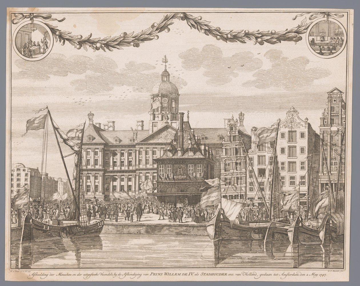 Menschenmenge auf dem Dam in Amsterdam feiert die Proklamation von Wilhelm IV. als Statthalter von G.J. Marstaller