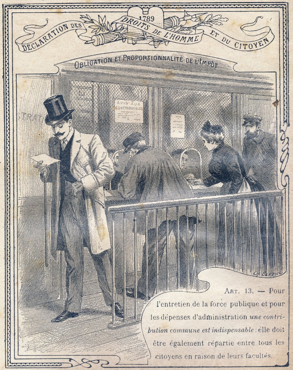 1789: Erklärung der Menschen- und Bürgerrechte: Verpflichtung und Verhältnismäßigkeit der Steuer. Gravur in "Das einzigartige Buch der Moral und staatsbürgerlichen Unterweisung, bestimmt für die Schüler der drei Kurse der Grundschule und für die Schüler de von G. Dascher