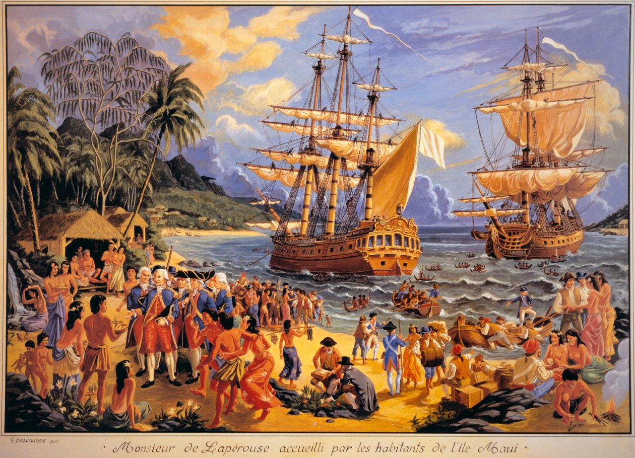 Jean Francois Galaup de Laperouse wird von den Bewohnern der Mawee-Insel auf den Sandwichinseln im Pazifik empfangen (Farblithographie) von G. Delcausse