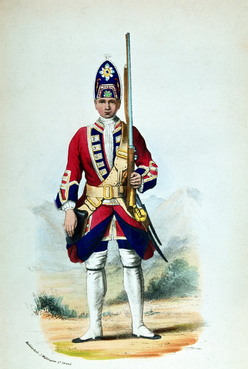 Ein Soldat der Royal North British Fusiliers im Jahr 1742, für Cannons Military Records von G. E. Madeley