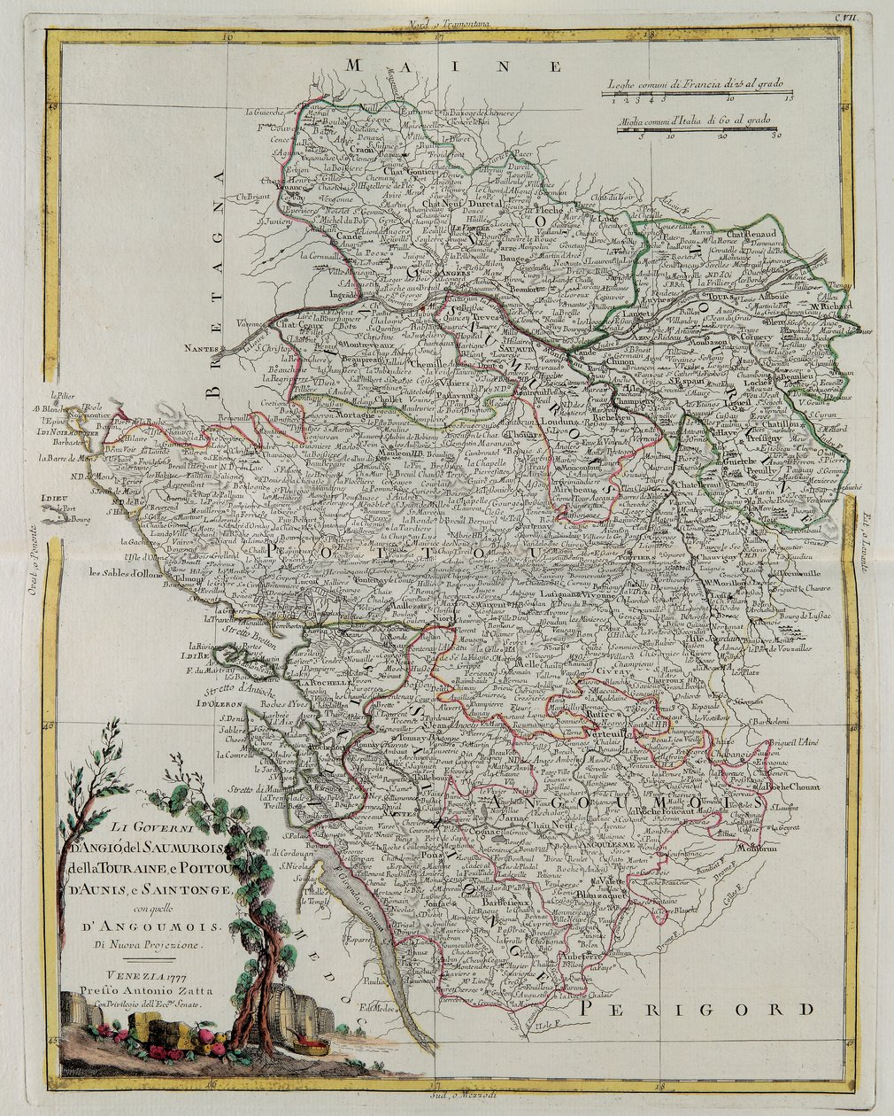 Die Gouvernements von Anjou, Saumurois, Touraine und Poitou, Aunis und Saintonge mit Anjoumois, Stich von G. Zuliani aus Band I des Neuesten Atlas, veröffentlicht in Venedig 1777 von Antonio Zatta, Privatsammlung von G. Zuliani