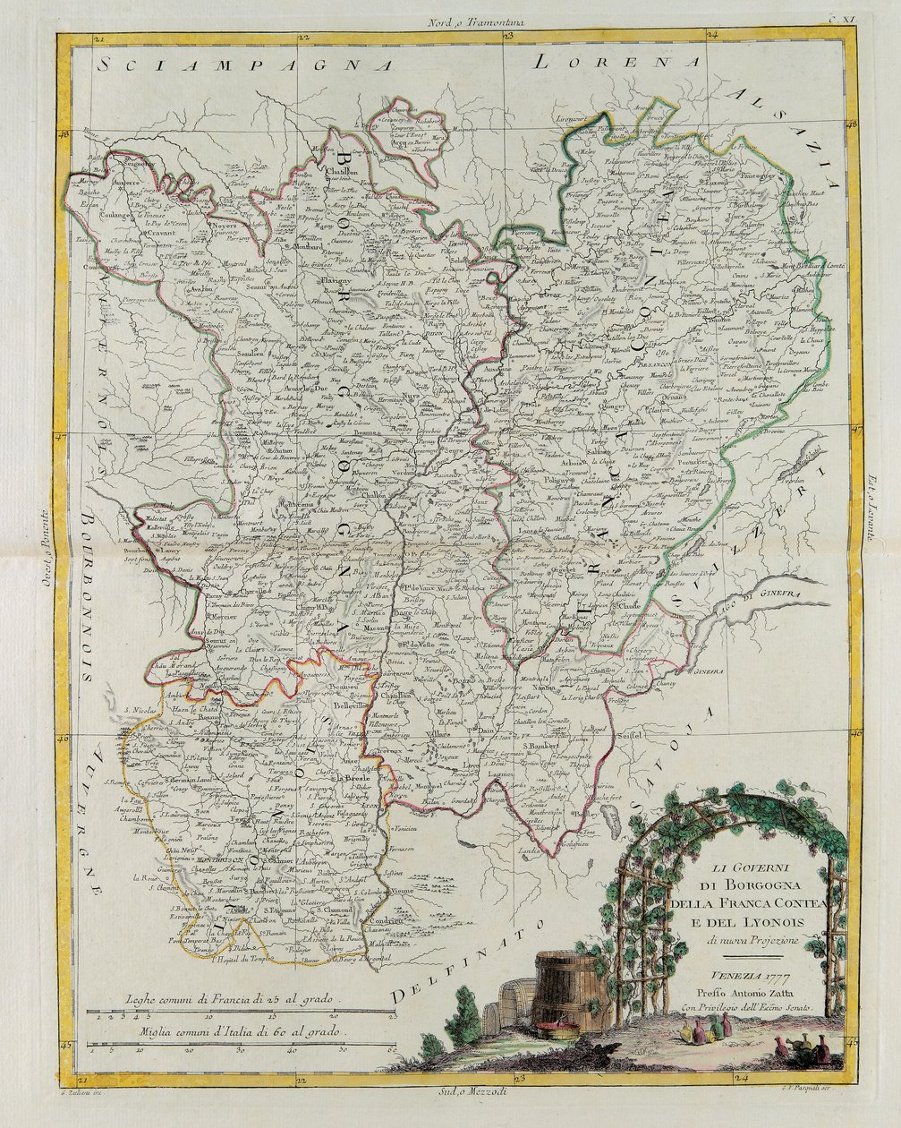 Die Gouvernements von Burgund, Franche-Comté und Lyon, Stich von G. Zuliani aus Band I des Neuesten Atlas, veröffentlicht in Venedig 1777 von Antonio Zatta, Privatsammlung von G. Zuliani