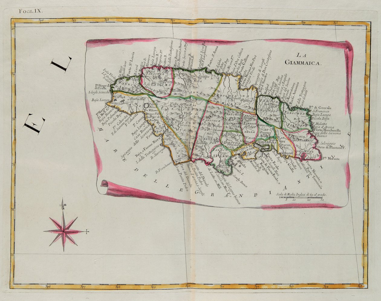 Jamaika, Stich von G. Zuliani aus Band I des "Neuesten Atlas" veröffentlicht in Venedig 1778 von Antonio Zatta, Privatsammlung von G. Zuliani