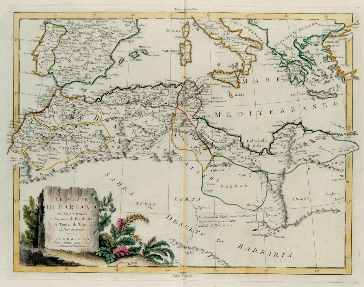 Die Barbarei-Küste oder die Königreiche Marokko, Fès, Algerien, Tunesien und Tripolis mit umliegenden Ländern, Stich von G. Zuliani aus Band IV des "Neuesten Atlas" veröffentlicht in Venedig 1784 von Antonio Zatta, Privatsammlung von G. Zuliani
