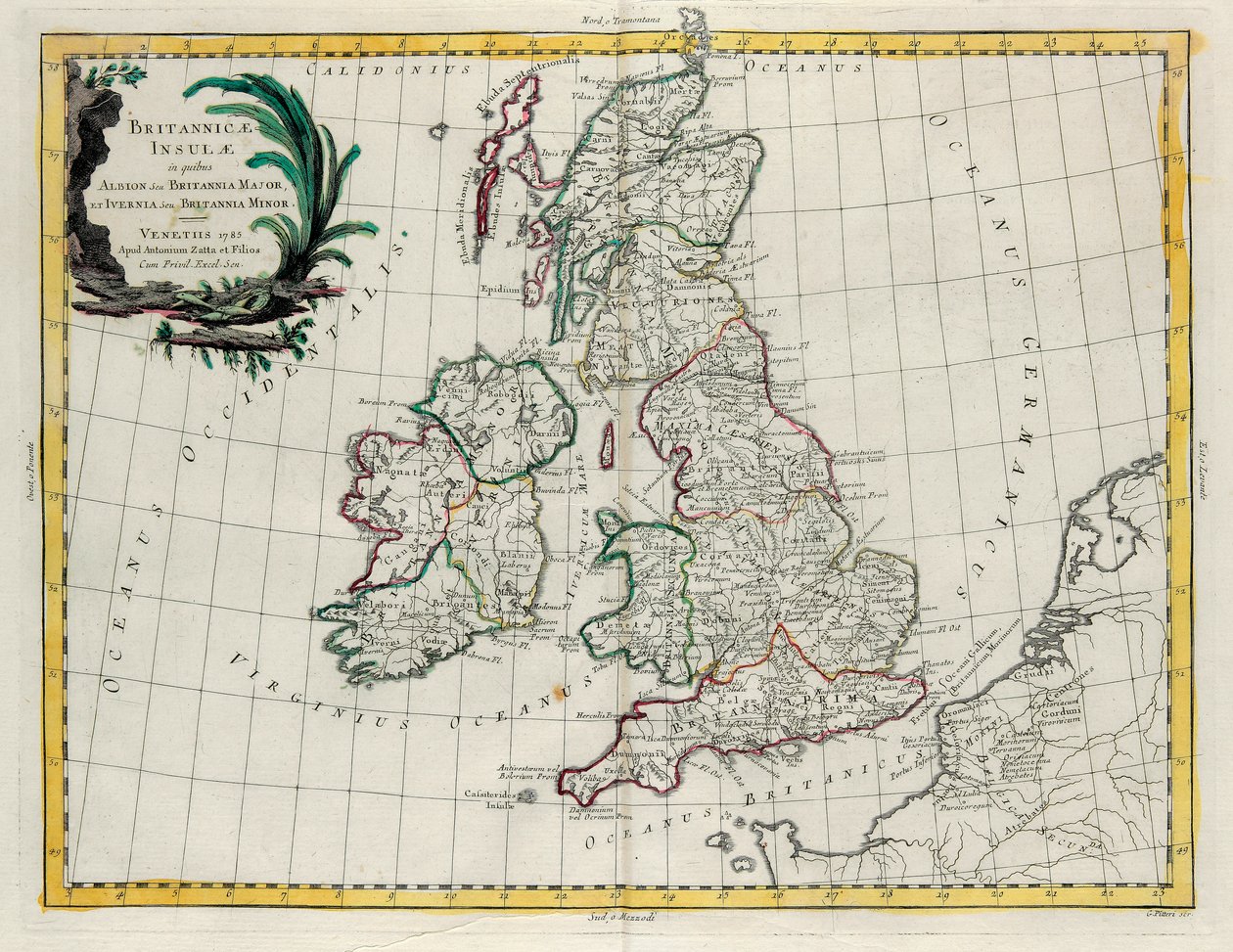 Die Britischen Inseln, in denen sich Albion oder Großbritannien und Ivernia oder Kleinbritannien befinden, Stich von G. Zuliani aus Band I des Neuesten Atlas, veröffentlicht in Venedig 1785 von Antonio Zatta von G. Zuliani