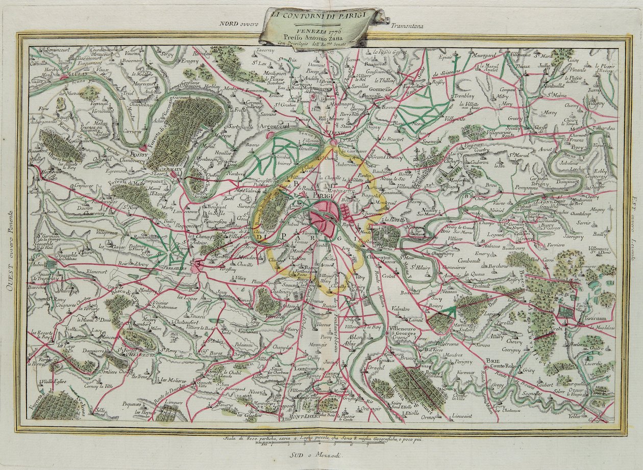 Der Umriss von Paris, die Gouvernements von Frankreich und Orléans, Stich von G. Zuliani aus Band I des Neuesten Atlas, veröffentlicht in Venedig 1776 von Antonio Zatta, Privatsammlung von G. Zuliani