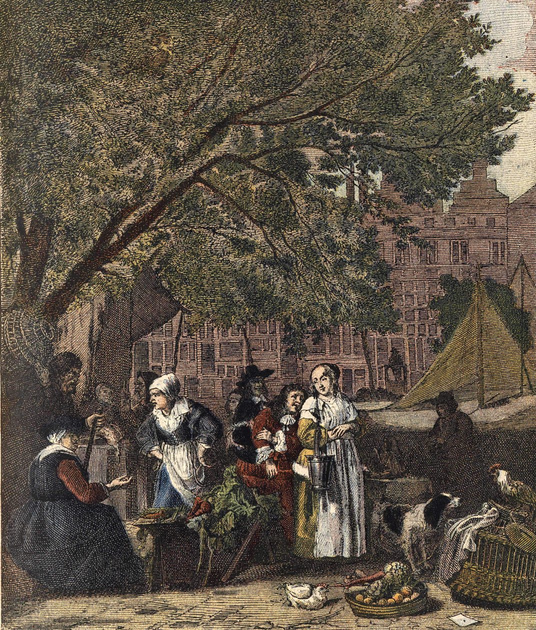 Der Kräutermarkt von Amsterdam. Gravur aus dem 19. Jahrhundert nach dem Gemälde von Gabriel Metsu (1629-1667). von Gabriel (after) Metsu
