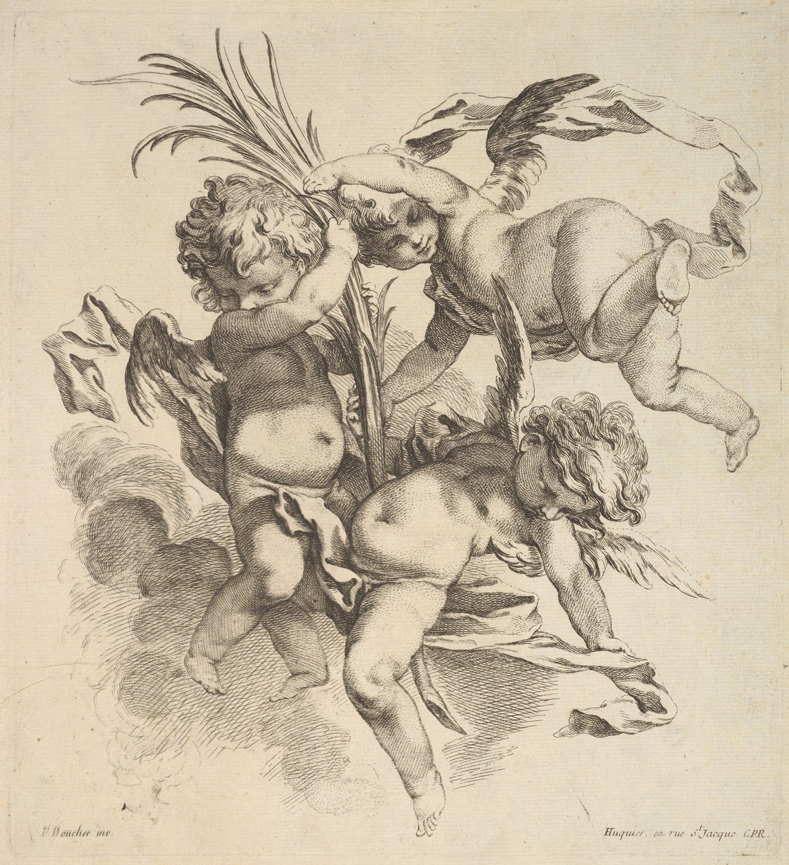 Drei Kinder unter Wolken in der Nähe eines Palmblattes, 1738-45 von Gabriel Huquier